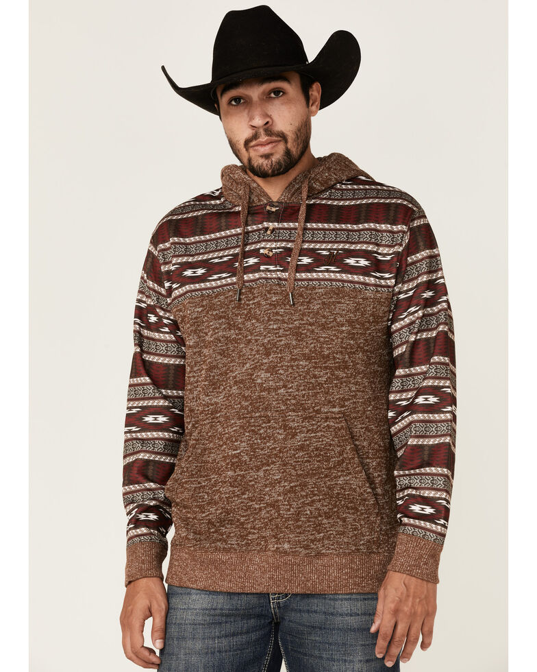 HOOey Men's Brown Southwestern Color-Block Pullover Hooded Sweatshirt  , Brown, hi-res