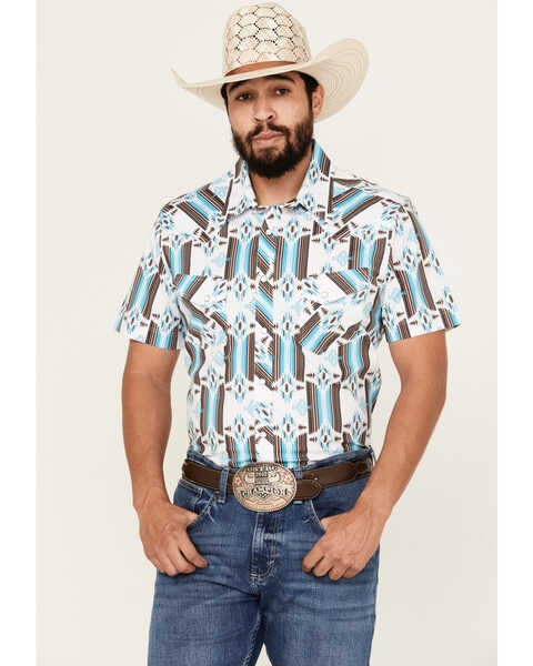 Image #1 - Rock & Roll Denim Men's Southwestern Print Short Sleeve Pearl Snap Stretch Western Shirt , White, hi-res