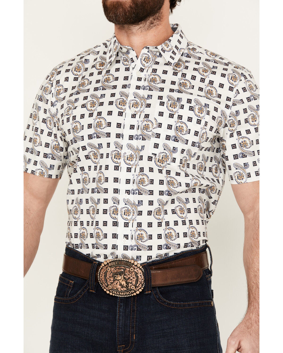 Image #3 - Cody James Men's Geo Paisley Print Short Sleeve Button-Down Stretch Western Shirt, White, hi-res