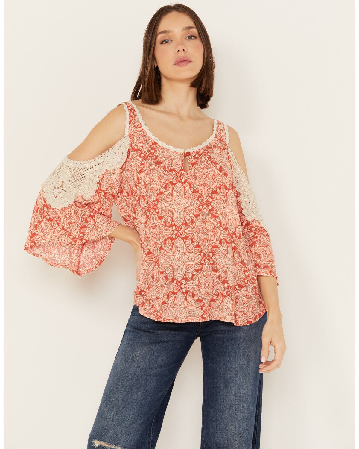 Wild Moss Women's Medallion Cold Shoulder Top, Rust Copper, hi-res