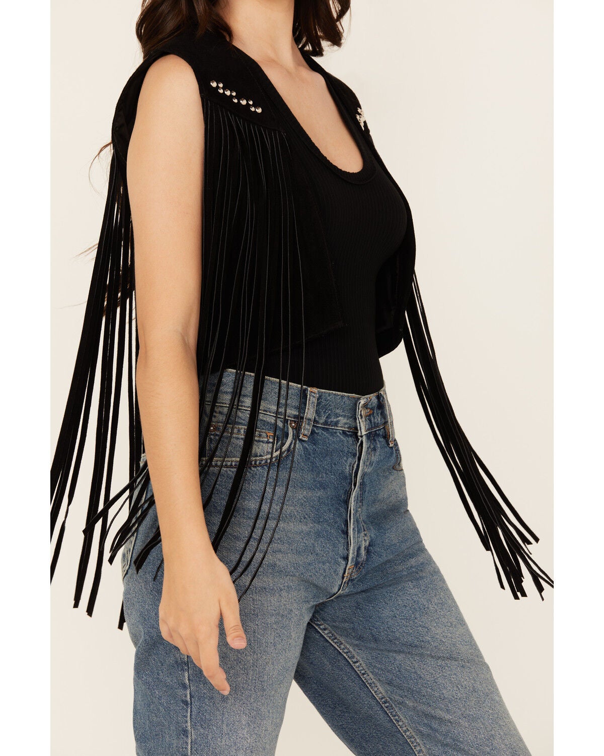 Image #3 - West And Co Women's Cya Later Horseshoe Studded Fringe Vest, Black, hi-res