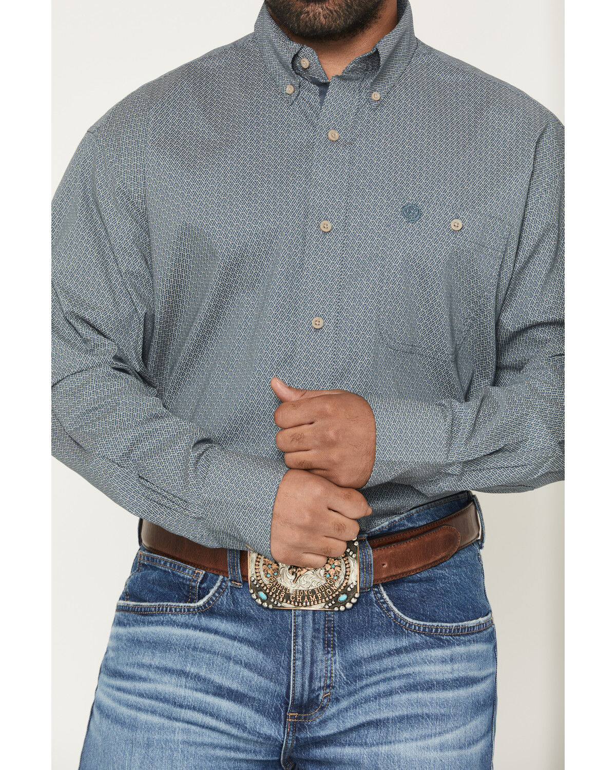 Image #3 - George Strait by Wrangler Men's Geo Print Long Sleeve Button-Down Stretch Western Shirt, Dark Teal, hi-res