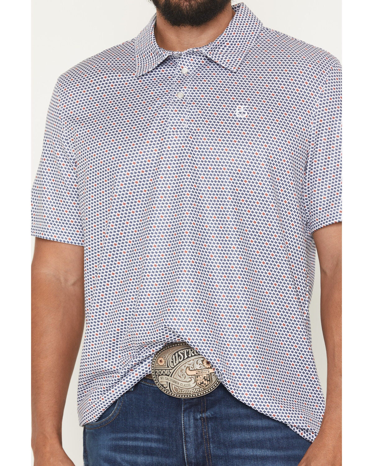 Image #3 - Panhandle Slim Men's Texas Print Short Sleeve Pearl Snap Performance Polo, Navy, hi-res