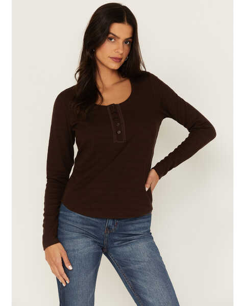 Image #1 - Cleo + Wolf Women's Long Sleeve Henley Top, Chocolate, hi-res