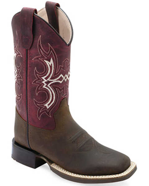 Old West Boys' Hand Corded Western Boots - Broad Square Toe , Burgundy, hi-res