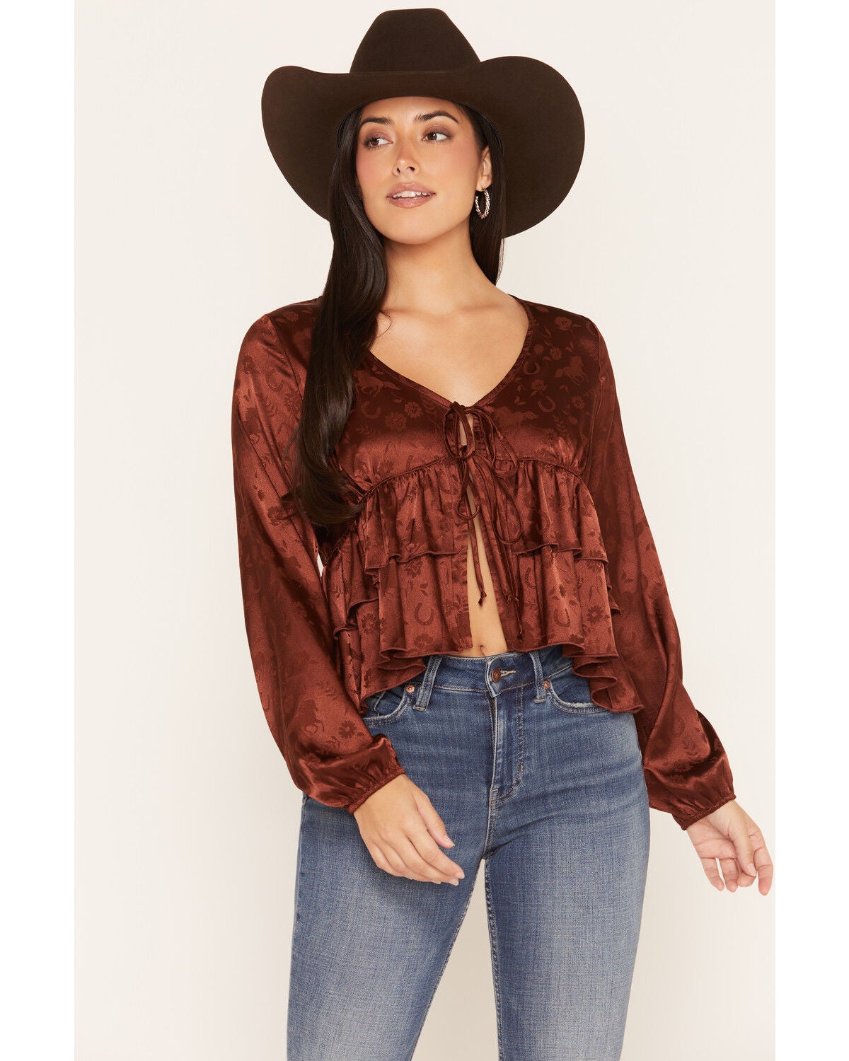 Wild Moss Women's Western Jacquard Front Tie Blouse, Rust Copper, hi-res