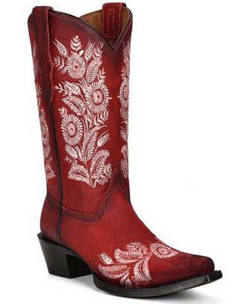 Corral Women's Floral Embroidered Western Boots - Snip Toe, Red, hi-res