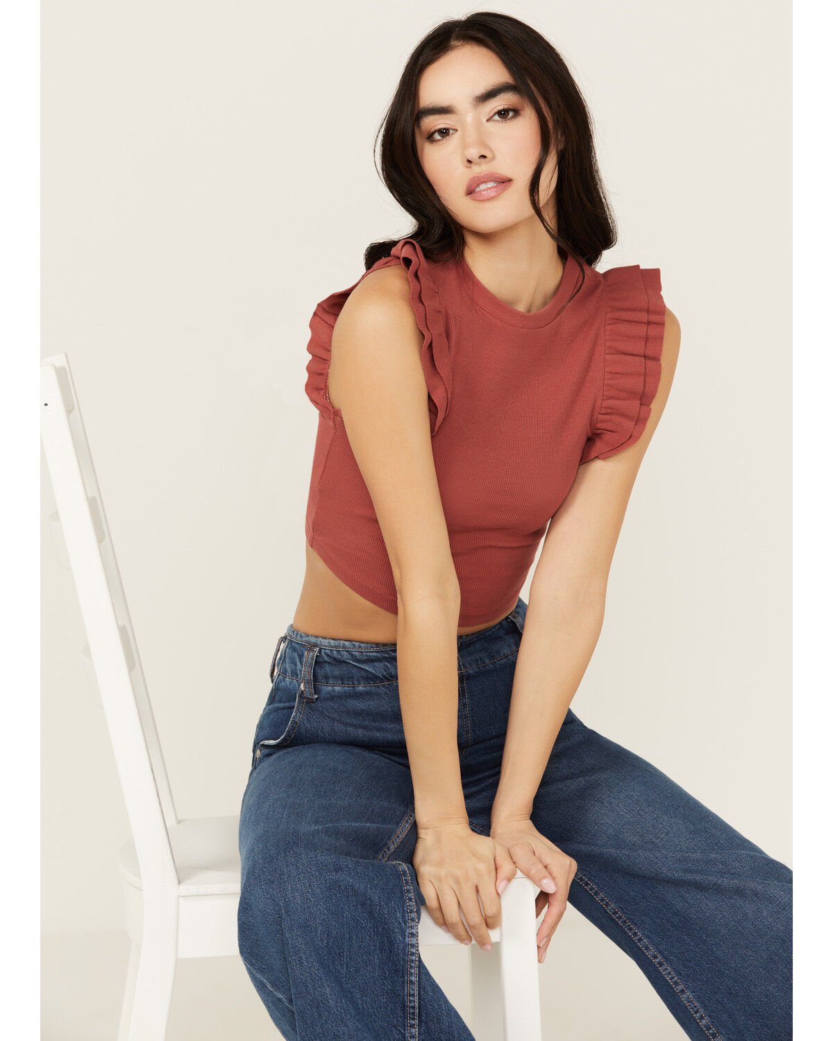 Image #1 - Shyanne Women's Ruffle Sleeve Ribbed Cropped Top, Rust Copper, hi-res