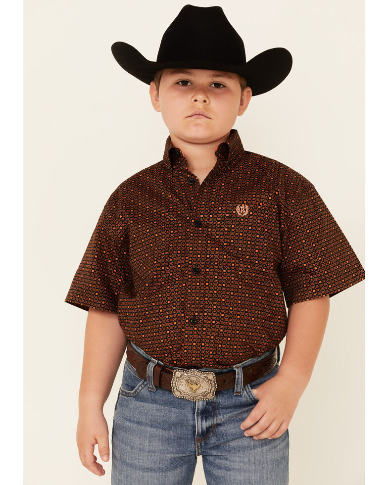Panhandle Select Boys' Brown Geo Print Short Sleeve Button-Down Western Shirt , Brown, hi-res