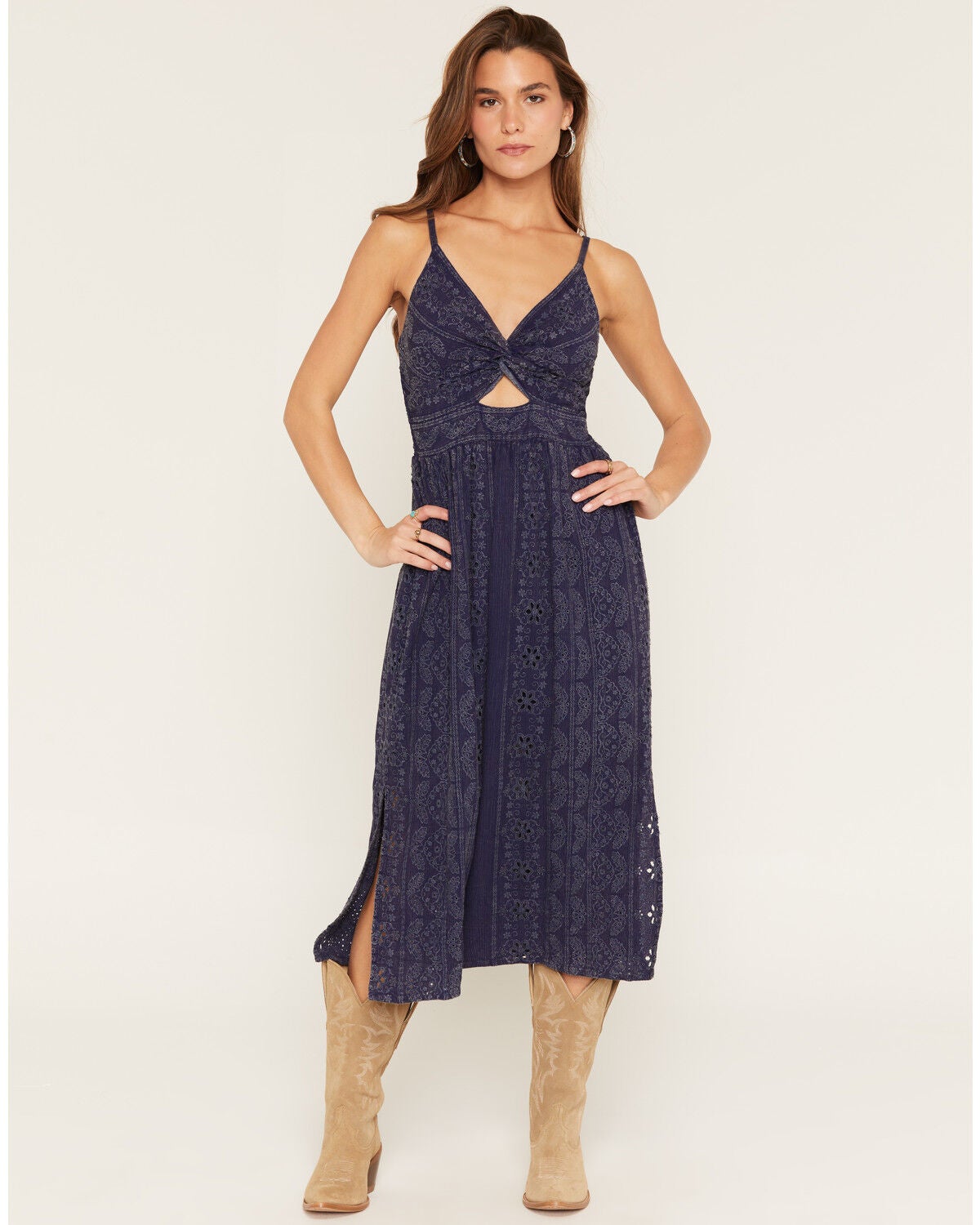Angie Women's Acid Washed Eyelet Sleeveless Midi Dress, Blue, hi-res