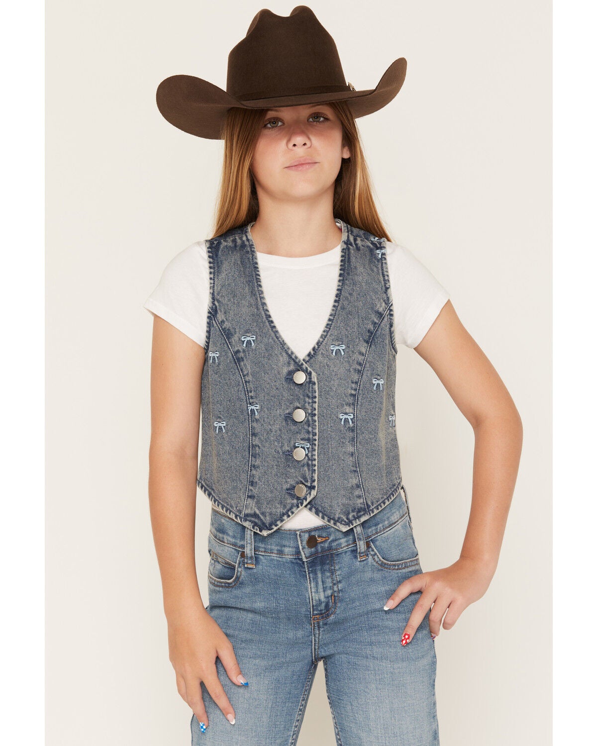 Ashley Girls' Bow Embroidered Denim Vest, Medium Wash, hi-res