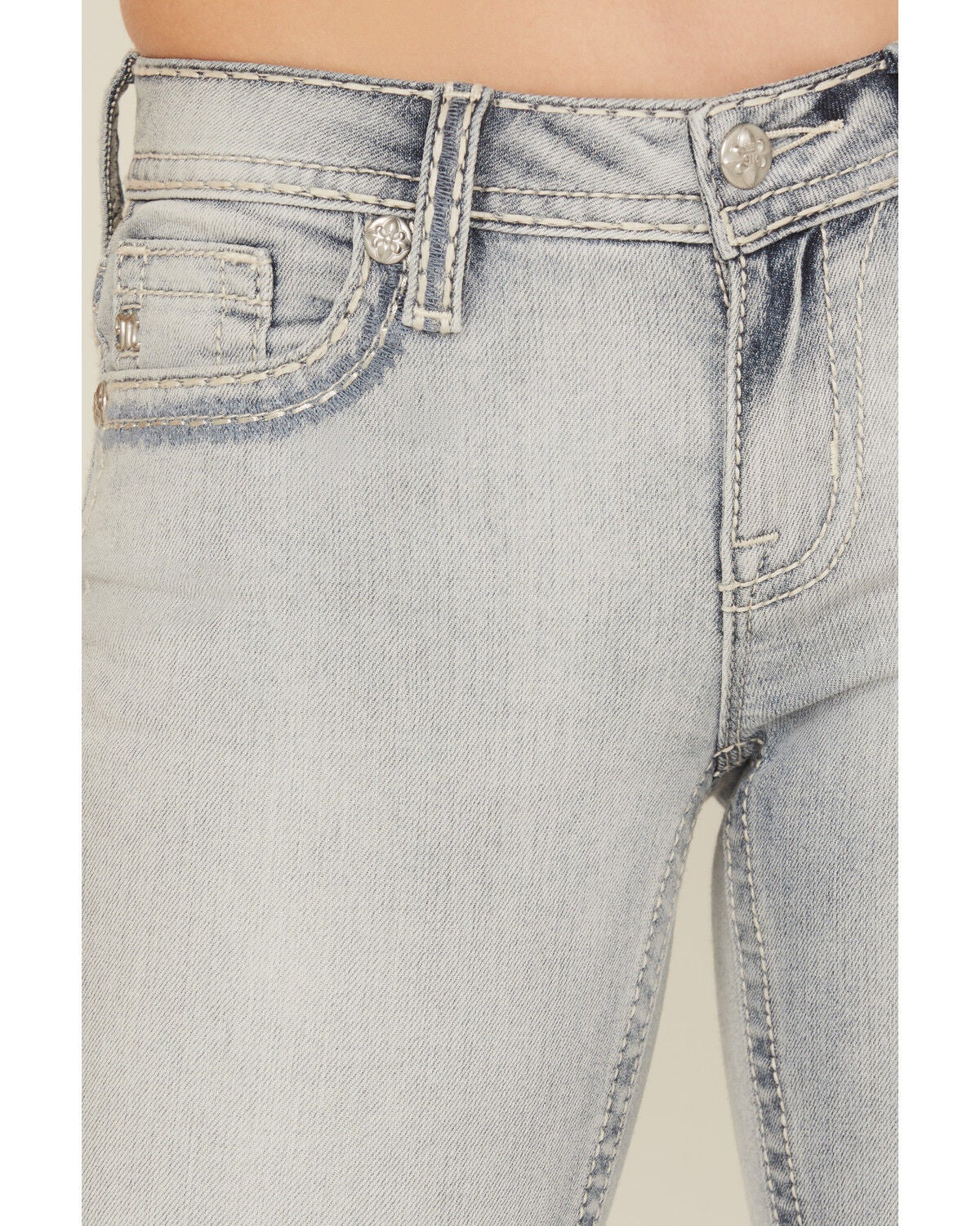 Image #4 - Miss Me Women's Light Wash Mid Rise 32" Bootcut Stretch Denim Jeans, Light Wash, hi-res