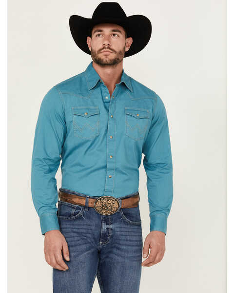 Image #1 - Wrangler Retro Men's Premium Solid Long Sleeve Snap Western Shirt, Teal, hi-res