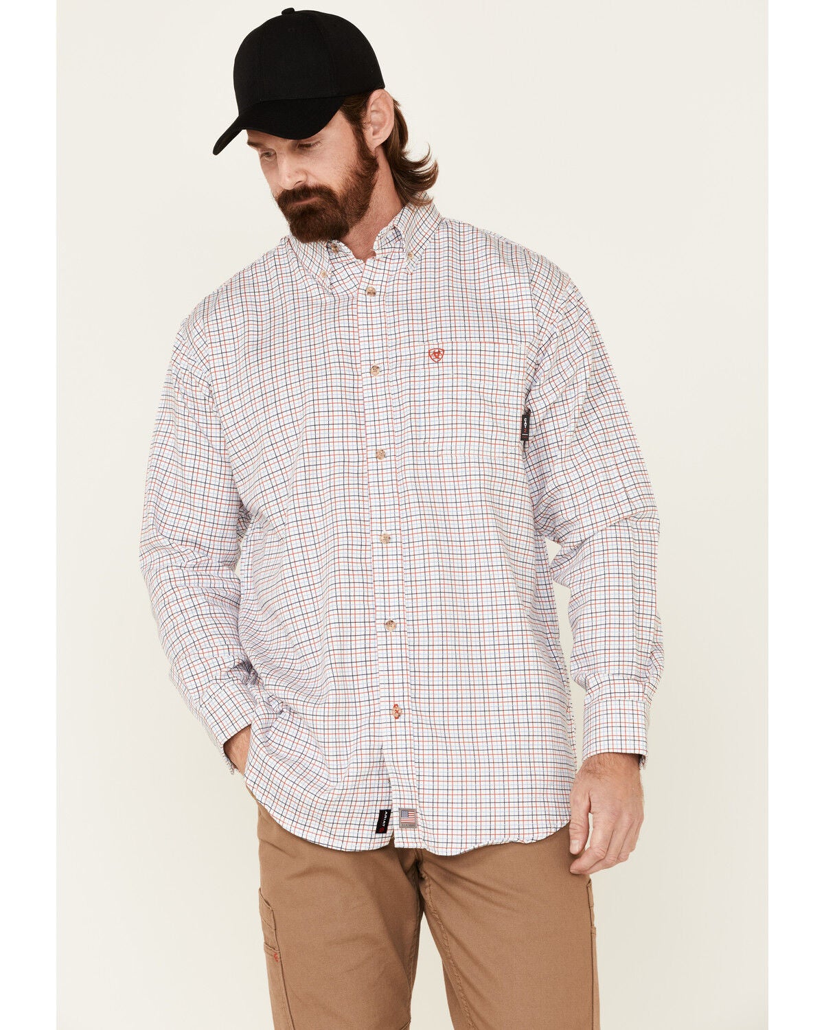 Ariat Men's FR Gauge Plaid Print Long Sleeve Button Down Work Shirt - Big, Black, hi-res
