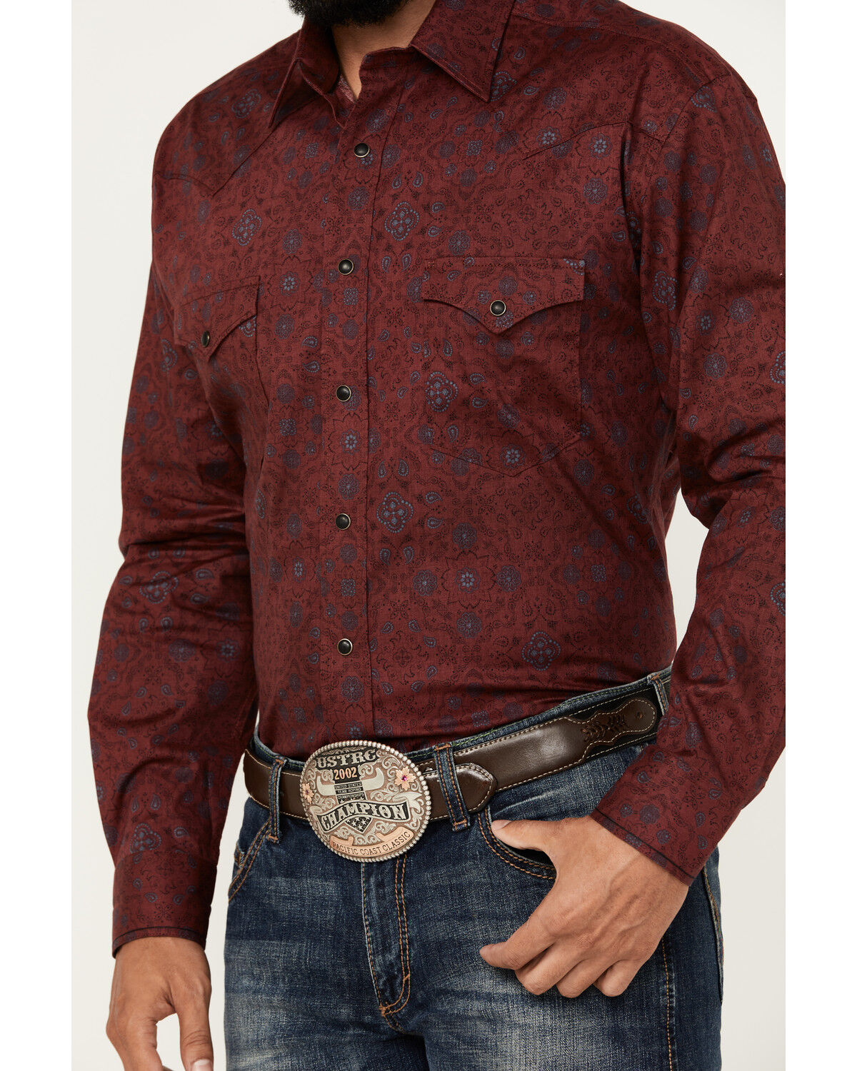 Image #3 - Rough Stock by Panhandle Men's Bandana Paisley Print Long Sleeve Snap Stretch Western Shirt, Burgundy, hi-res