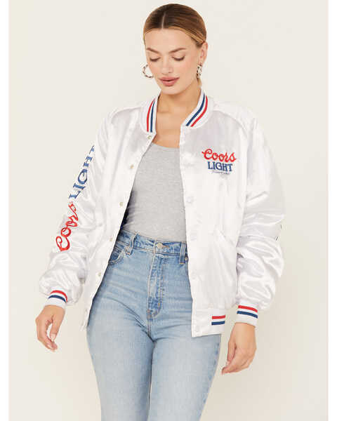 Image #1 - The Laundry Room Women's Faux Satin Coors Light Bomber Jacket , White, hi-res