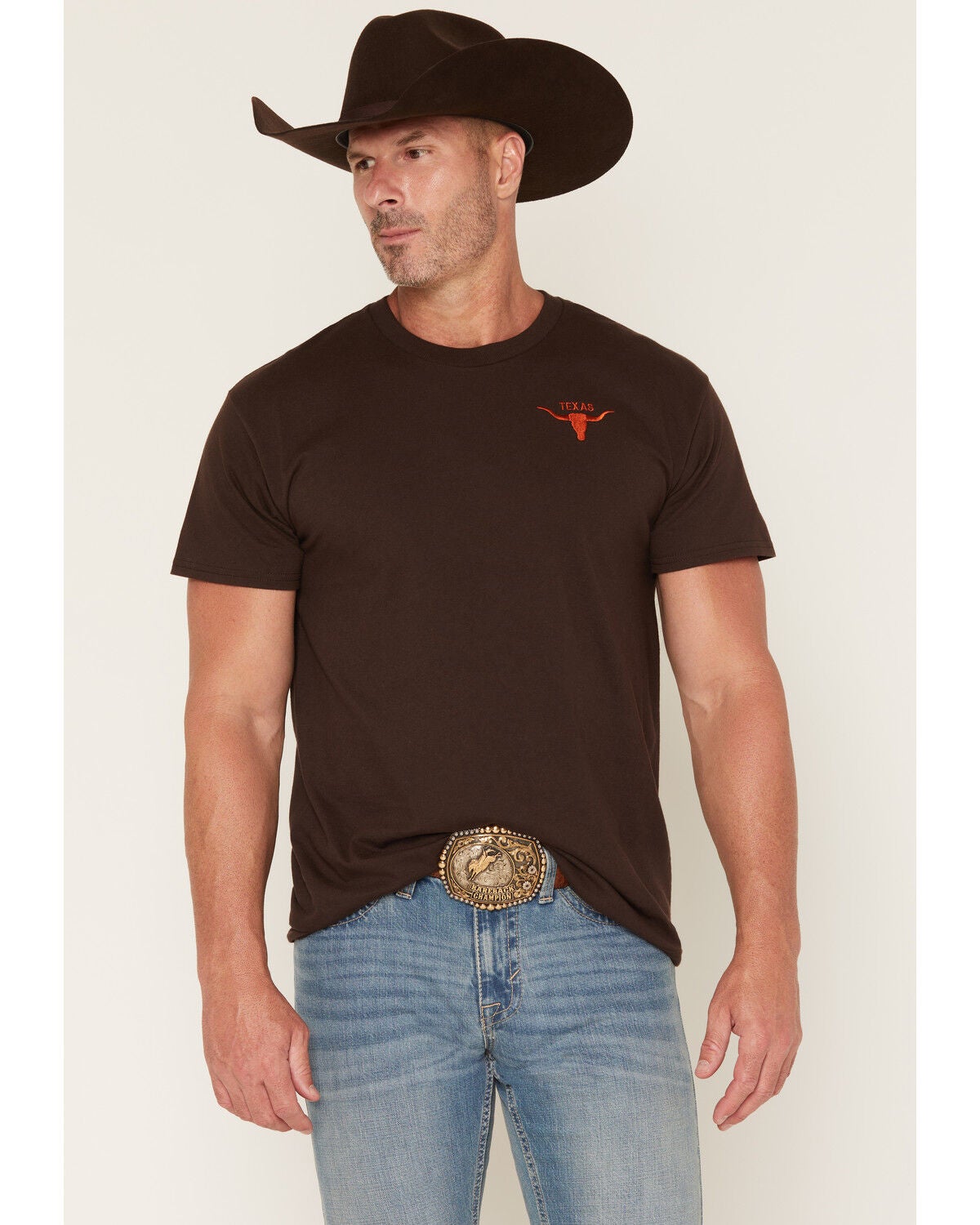 Image #1 - Cody James Men's Texas Long Horn Embroidered Short Sleeve Graphic T-Shirt, Dark Brown, hi-res