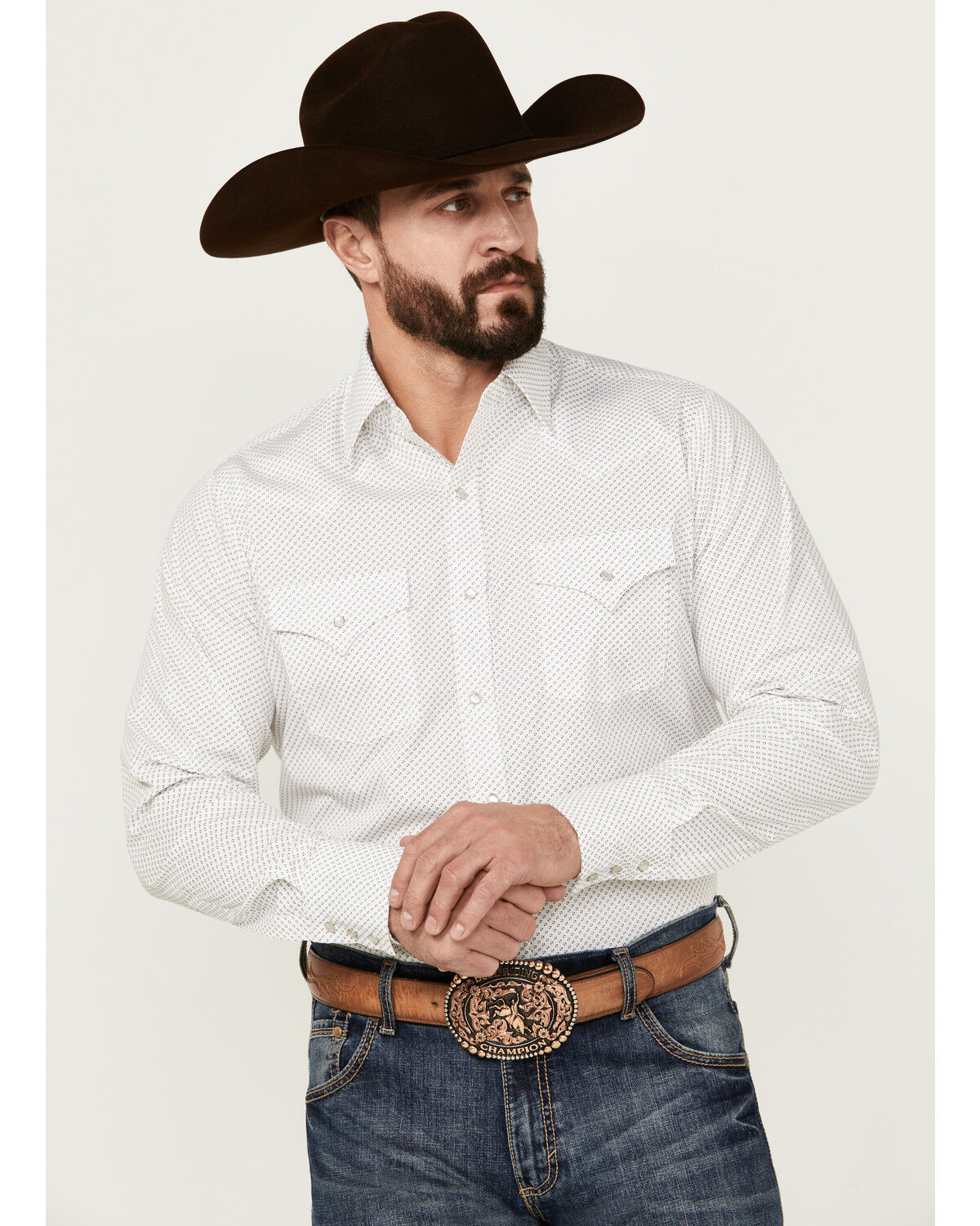 Image #1 - Ely Walker Men's Geo Print Long Sleeve Pearl Snap Western Shirt, White, hi-res