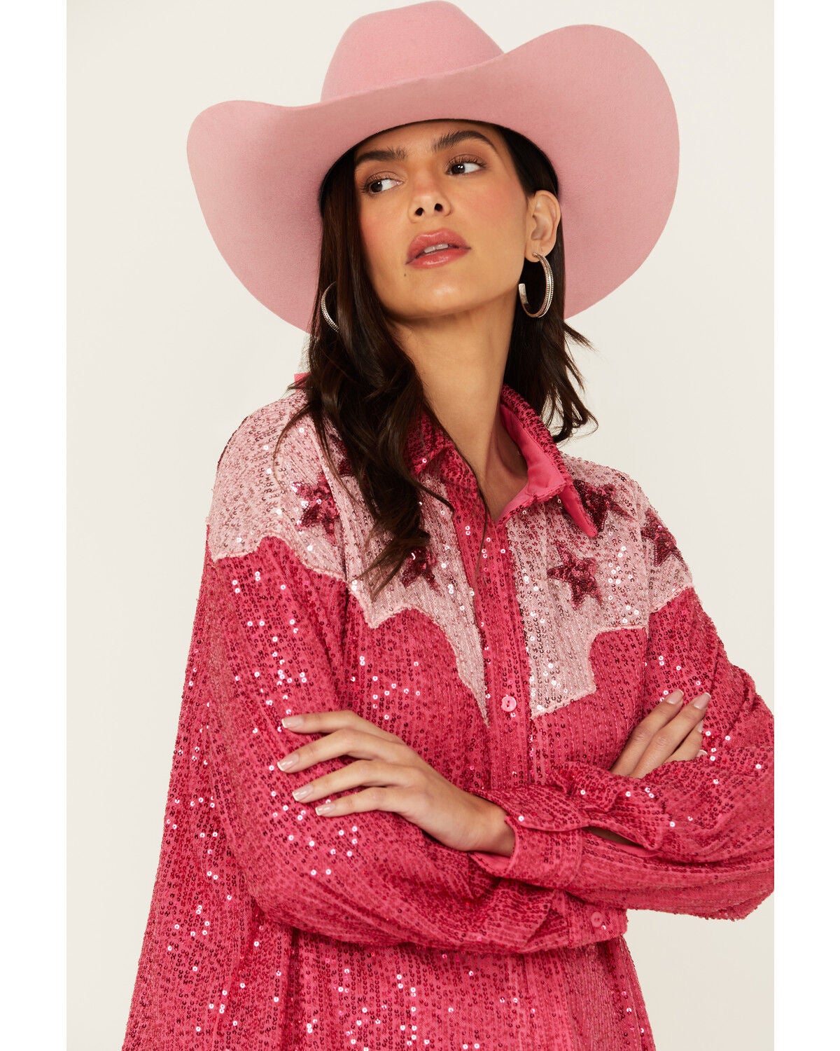 Image #2 - Mainstrip Women's Star Sequins Long Sleeve Button-Down Western Top, Pink, hi-res