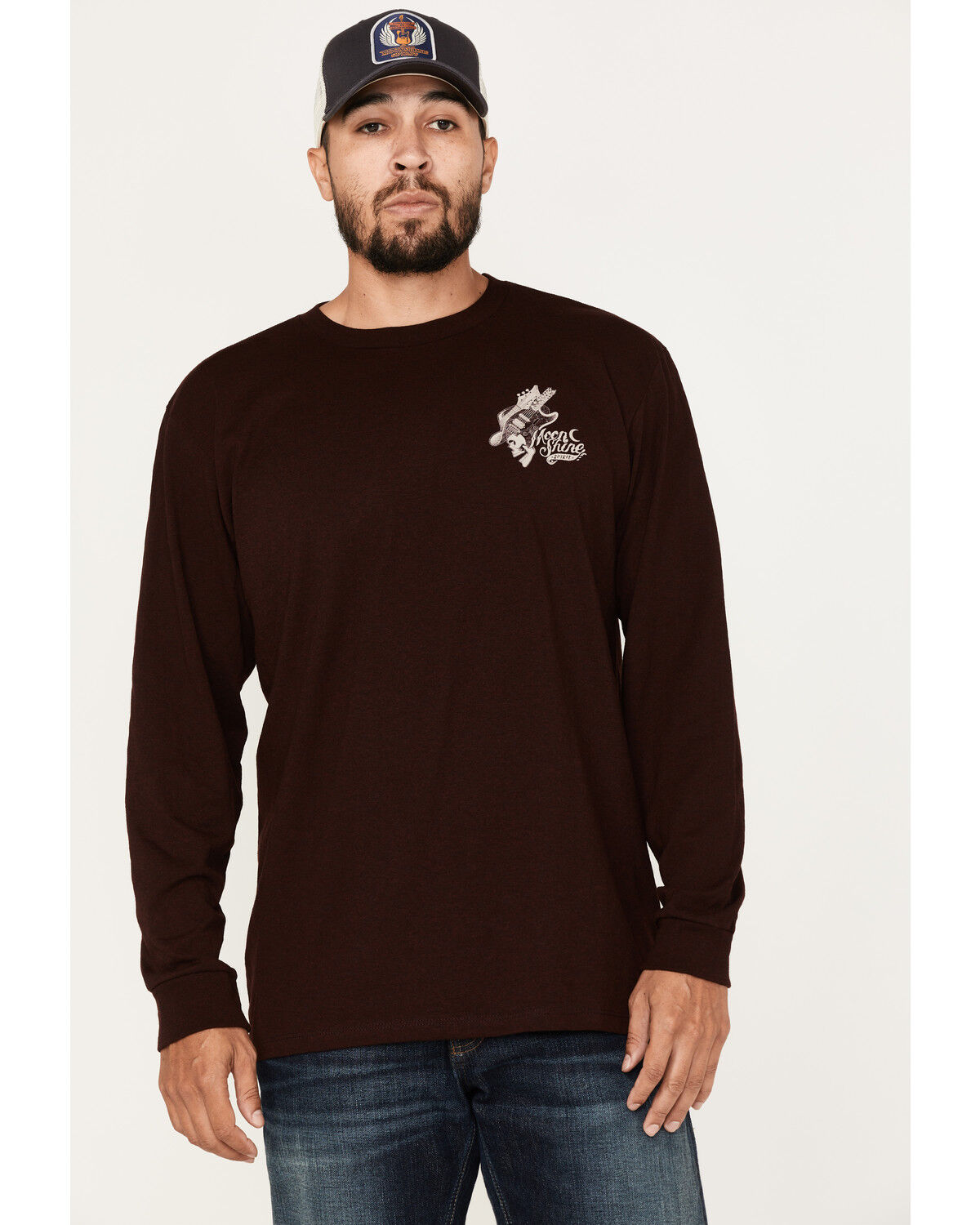 Image #1 - Moonshine Spirit Men's Guitar Floral Print Long Sleeve T-Shirt, Burgundy, hi-res