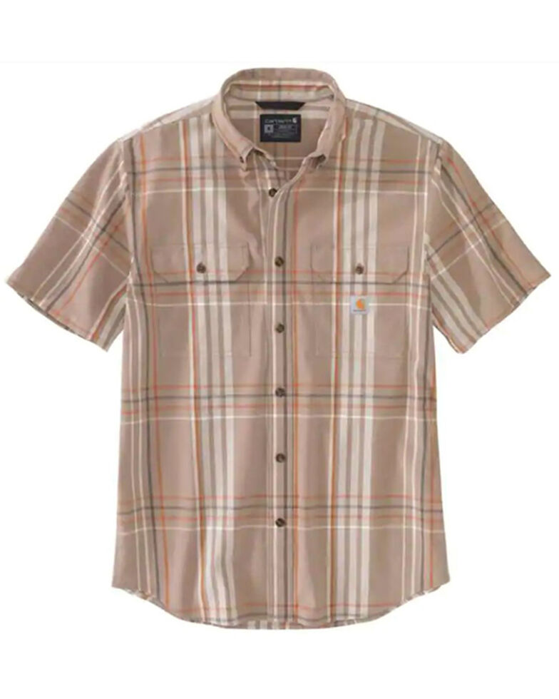 Carhartt Men's Loose Fit Taupe Plaid Midweight Short Sleeve Button-Down Work Shirt , Taupe, hi-res