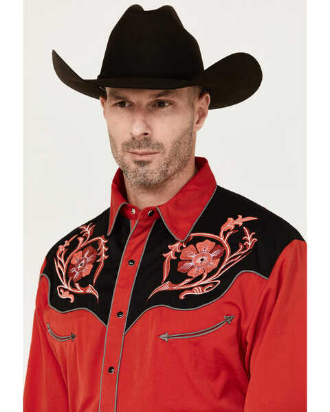 Image #2 - Scully Men's Floral Embroidered Long Sleeve Snap Western Shirt , Red, hi-res
