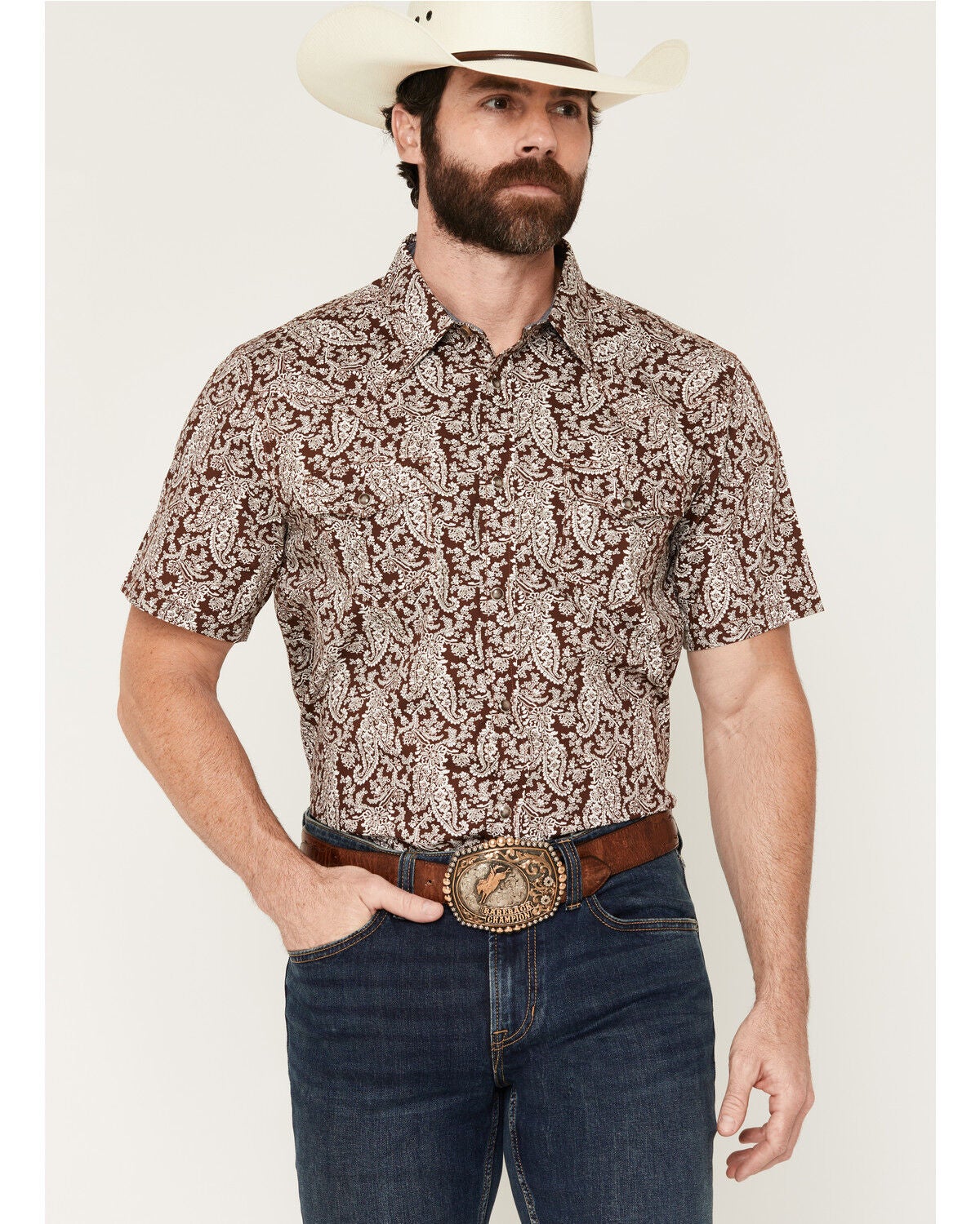 Image #1 - Cody James Men's Rusted Gate Paisley Print Short Sleeve Snap Western Shirt - Big, Brown, hi-res