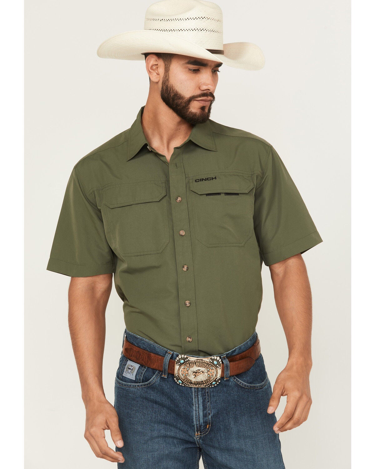 Cinch Men's Solid Short Sleeve Button-Down Performance Stretch Western Shirt, Green, hi-res