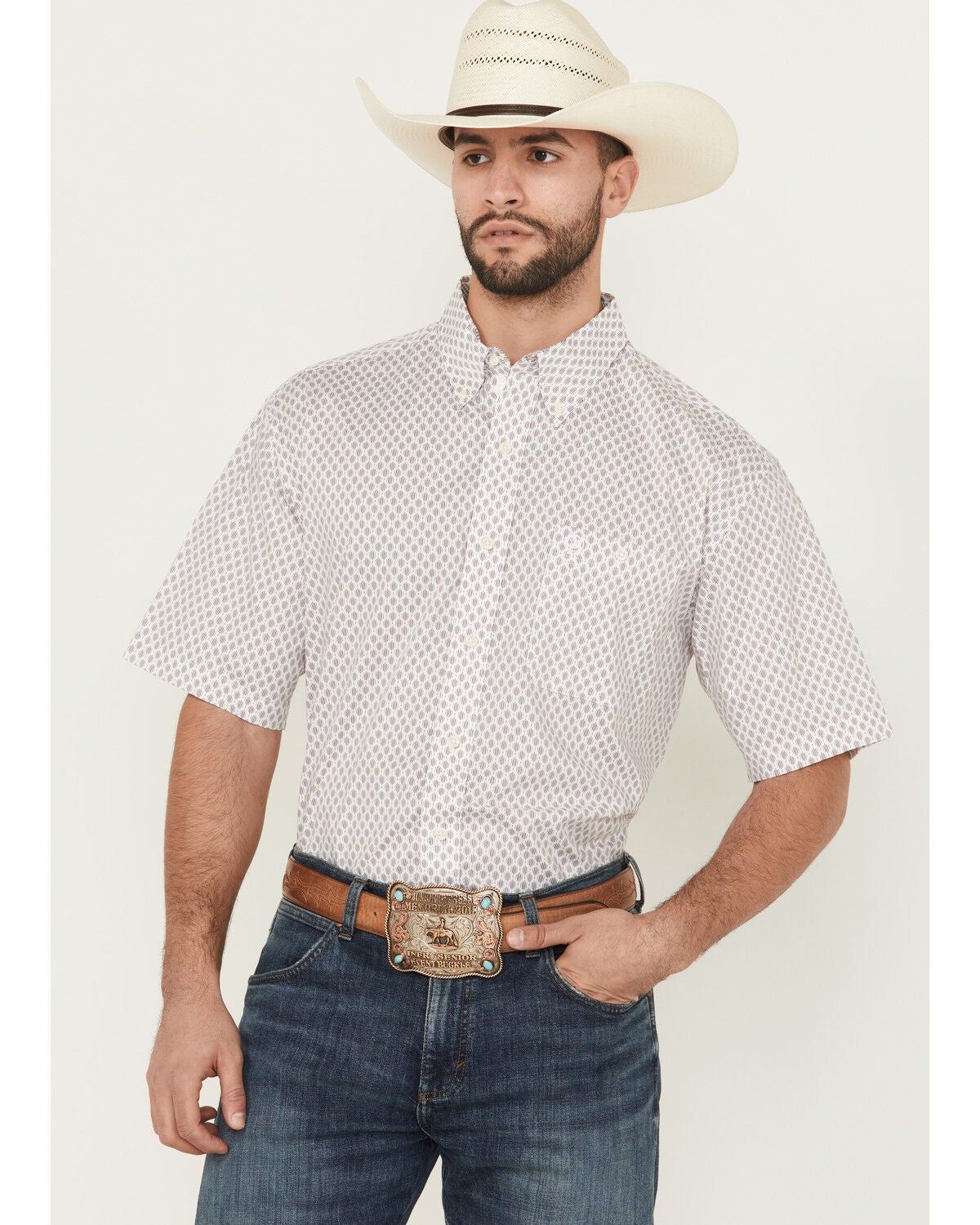 Image #1 - George Strait by Wrangler Men's Geo Print Short Sleeve Button-Down Stretch Western Shirt, White, hi-res