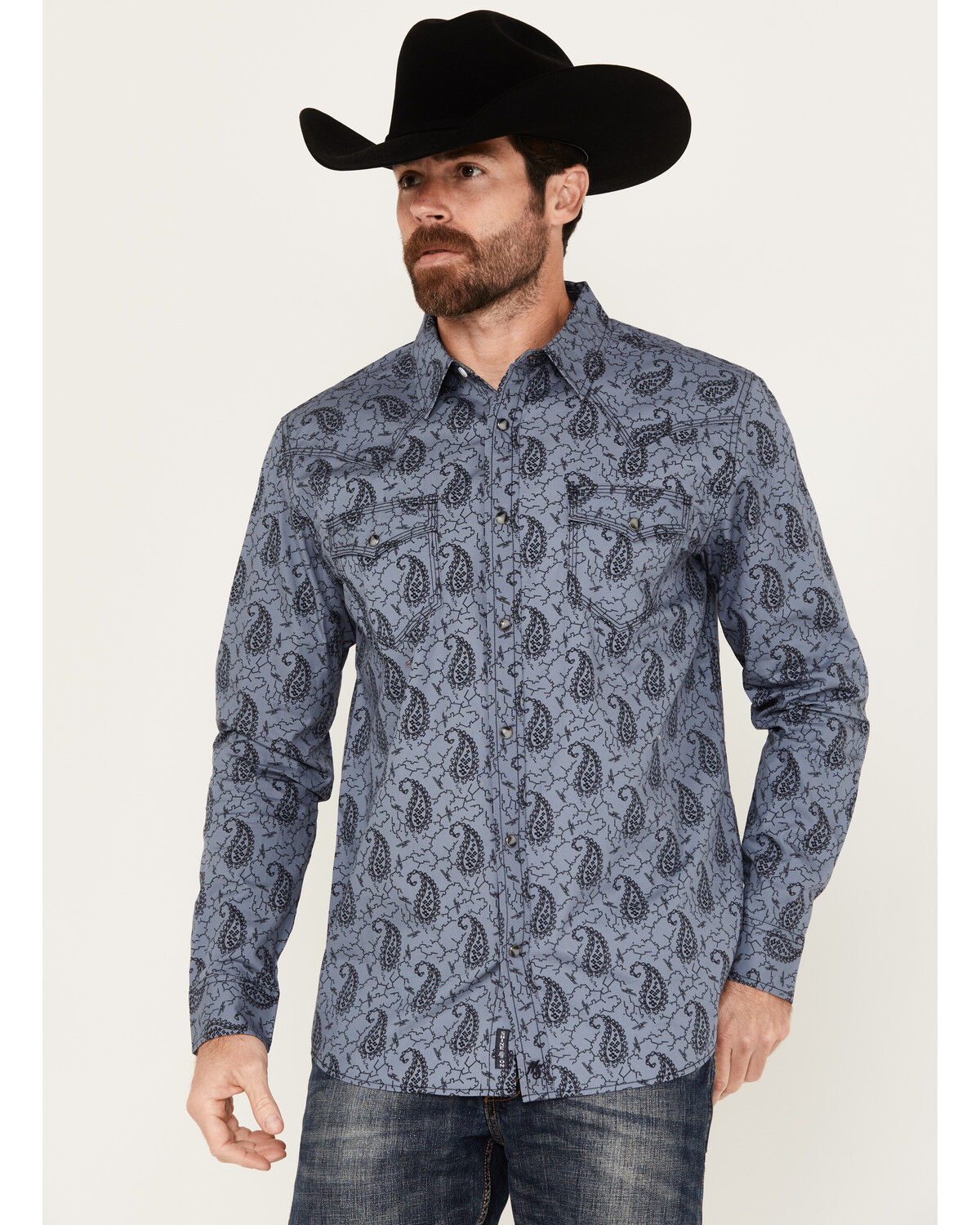 Image #1 - Moonshine Spirit Men's Satanta Paisley Print Long Sleeve Snap Western Shirt, Blue, hi-res