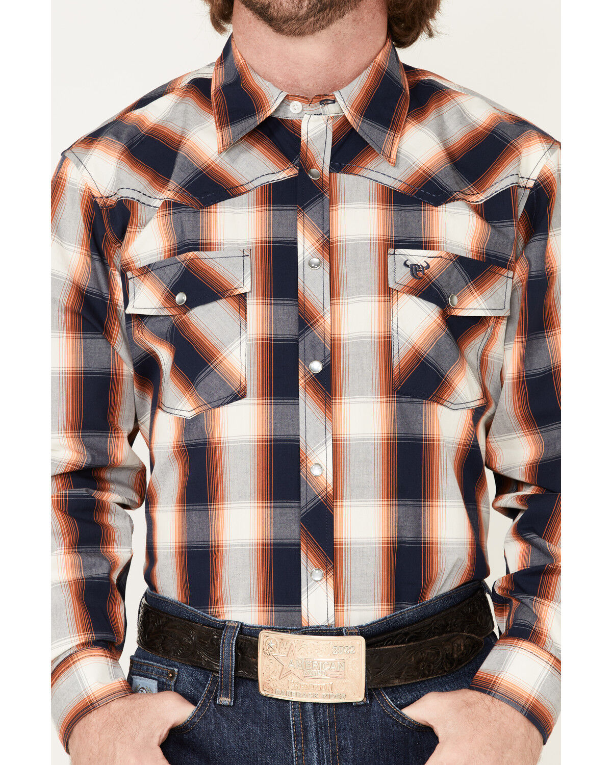 Image #3 - Cowboy Hardware Men's Hombre Large Plaid Pearl Snap Western Shirt, Orange, hi-res