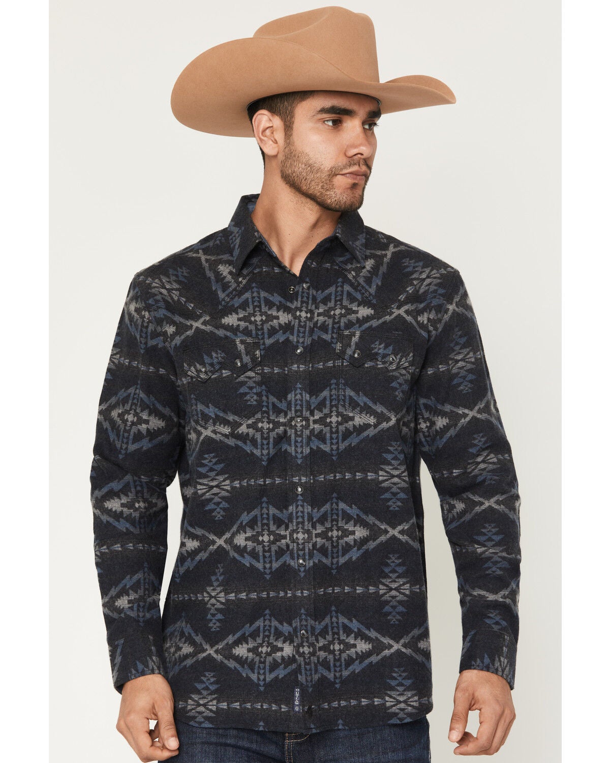 Image #1 - Moonshine Spirit&reg; Men's Tiki Time Southwestern Print Long Sleeve Snap Flannel Shirt, Black, hi-res