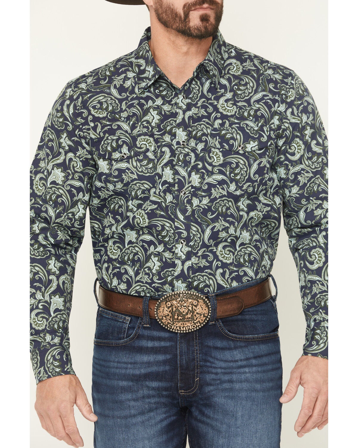 Image #3 - Gibson Trading Co Men's Hubert Floral Print Long Sleeve Snap Stretch Western Shirt, Navy, hi-res