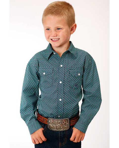 Amarillo Boys' Ridge Geo Print Long Sleeve Western Shirt , Green, hi-res