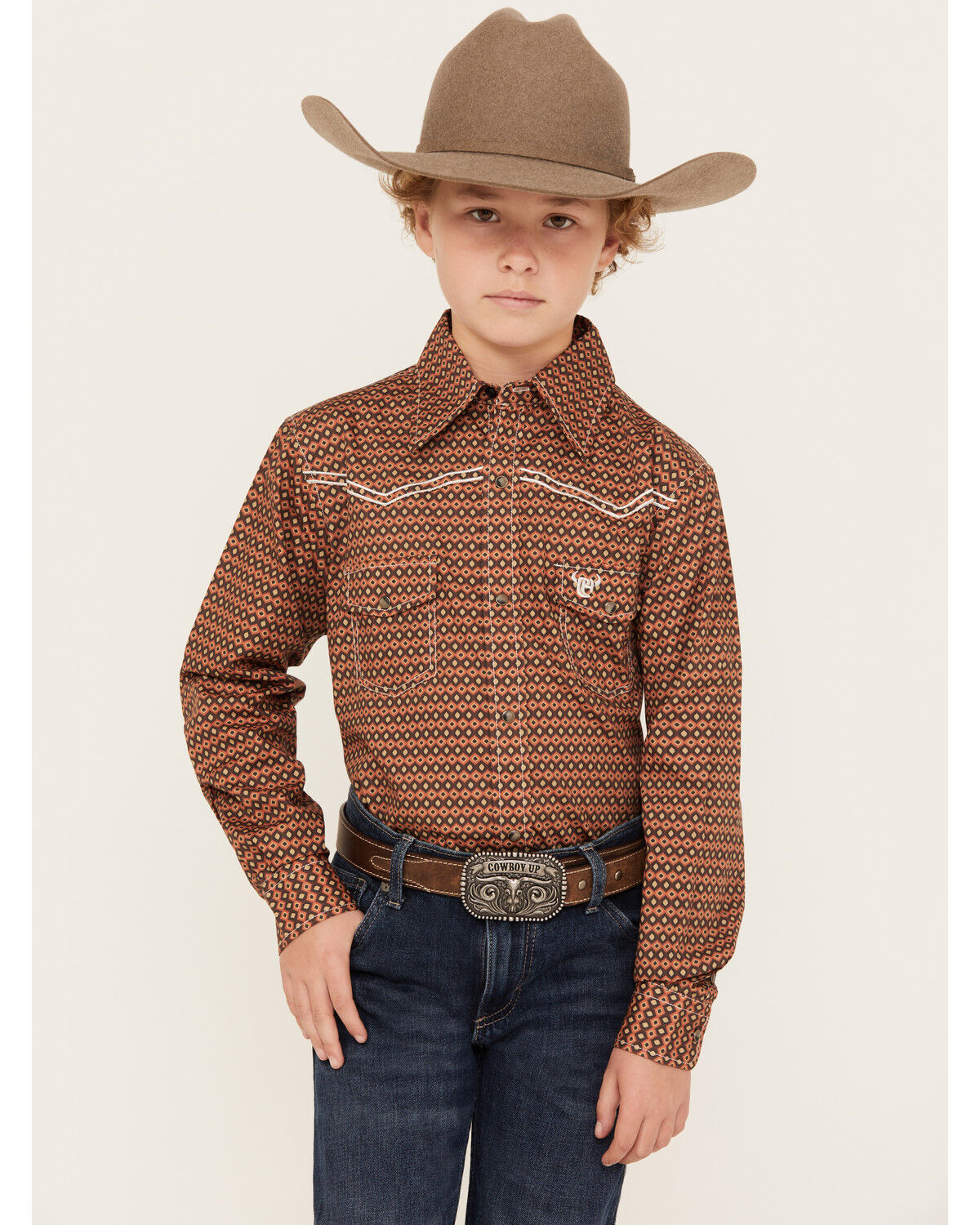 Image #1 - Cowboy Hardware Boys' Curvy Diamond Print Long Sleeve Snap Western Shirt, , hi-res