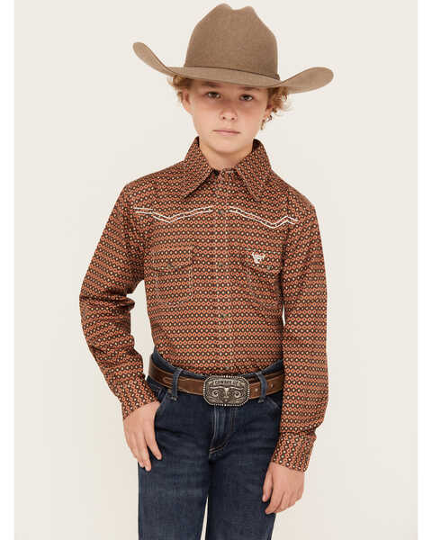 Cowboy Hardware Boys' Curvy Diamond Print Long Sleeve Snap Western Shirt, Brown, hi-res
