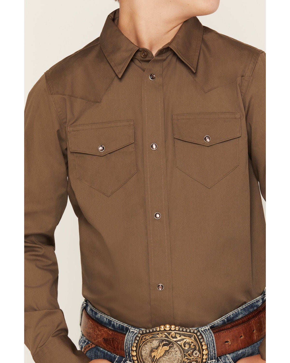 Image #3 - Gibson Trading Co Boys' Solid Long Sleeve Snap Western Shirt, Chocolate, hi-res