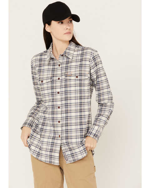 Image #1 - Ariat Women's Rebar Flannel Long Sleeve Button Down Plaid Print Work Shirt, Brown, hi-res