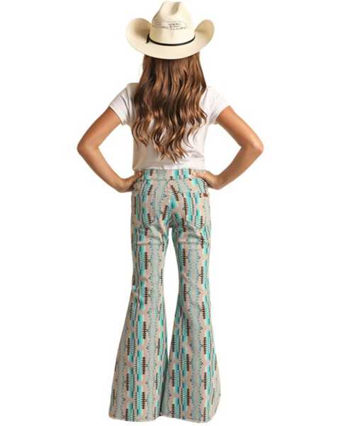Image #2 - Rock & Roll Denim Girls' High Rise Southwestern Print Extra Stretch Button Flare Jeans, Turquoise, hi-res
