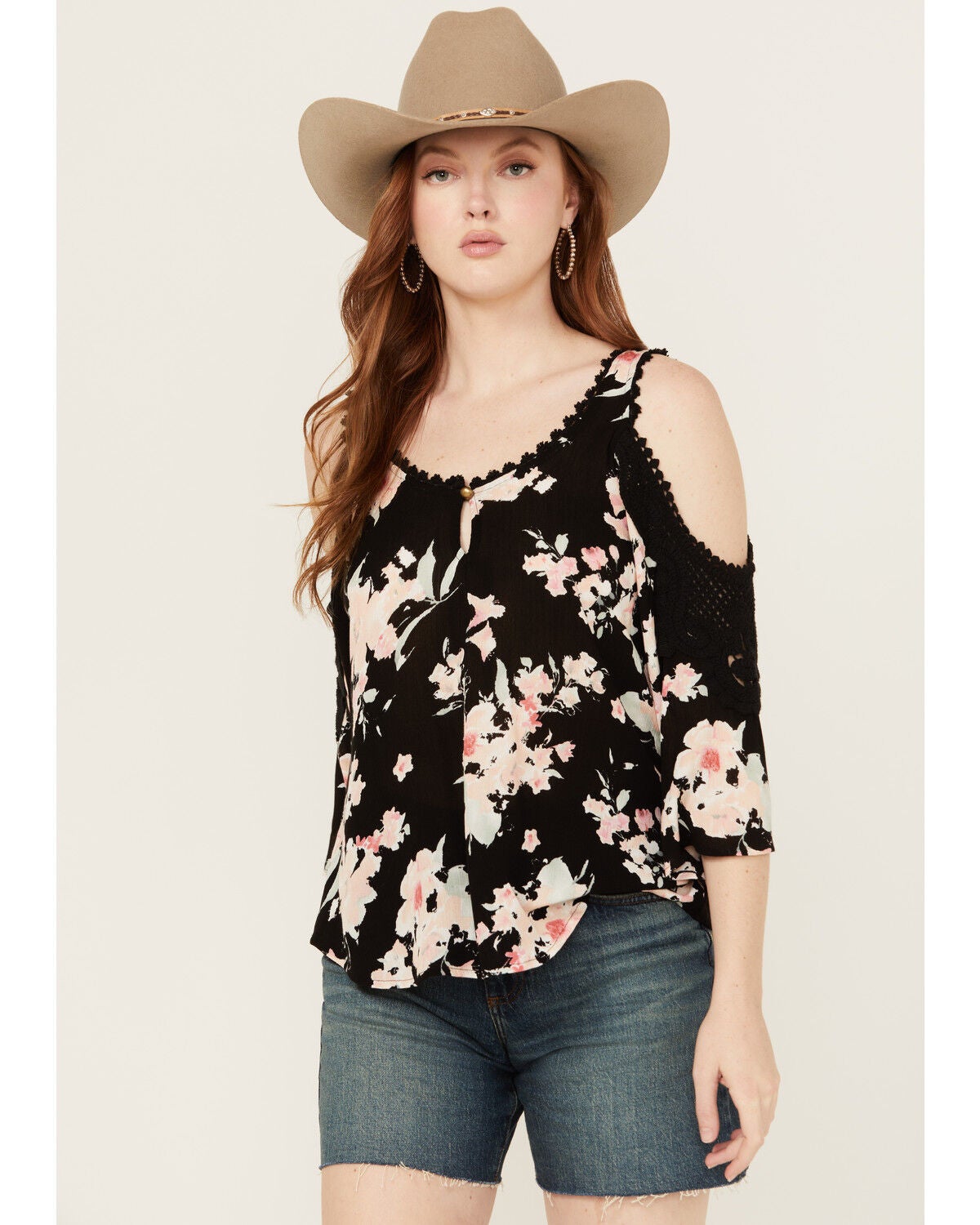 Wild Moss Women's Floral Print Cold Shoulder Top, Black, hi-res