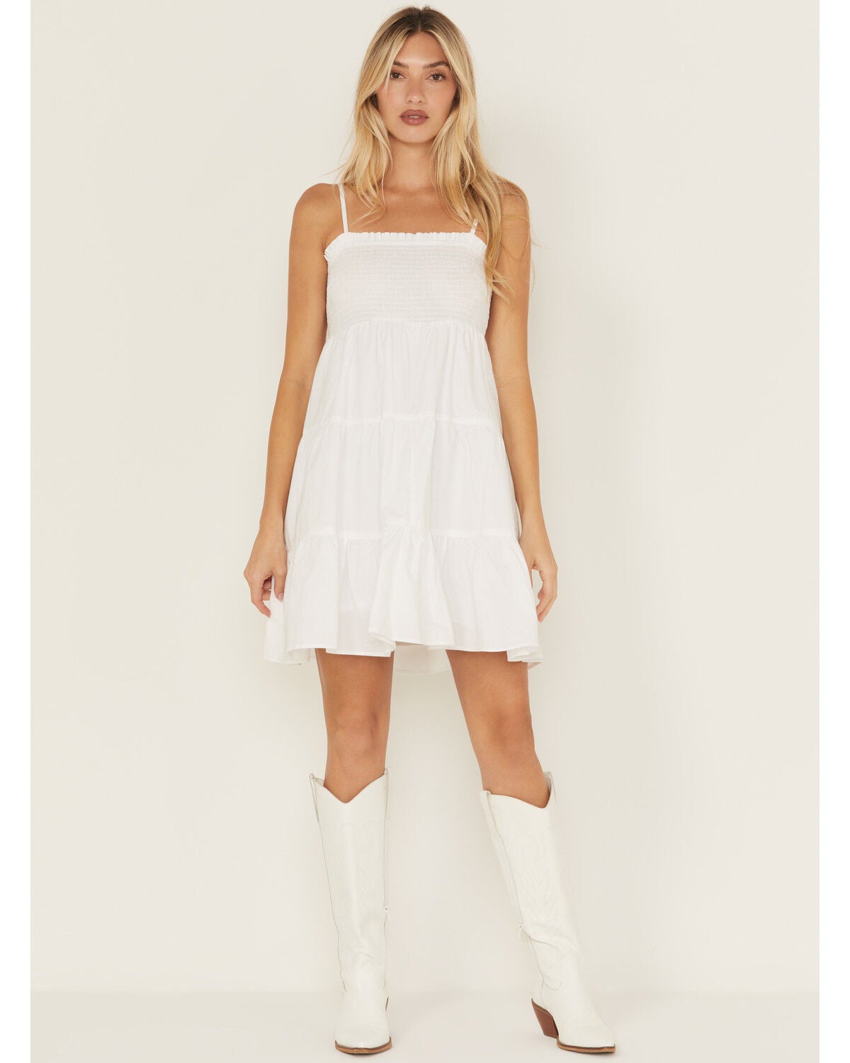 Angie Women's Smocked Front Mini Dress, White, hi-res