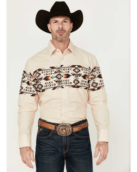 Panhandle Men's Southwestern Print Border Long Sleeve Pearl Snap Western Shirt , Natural, hi-res