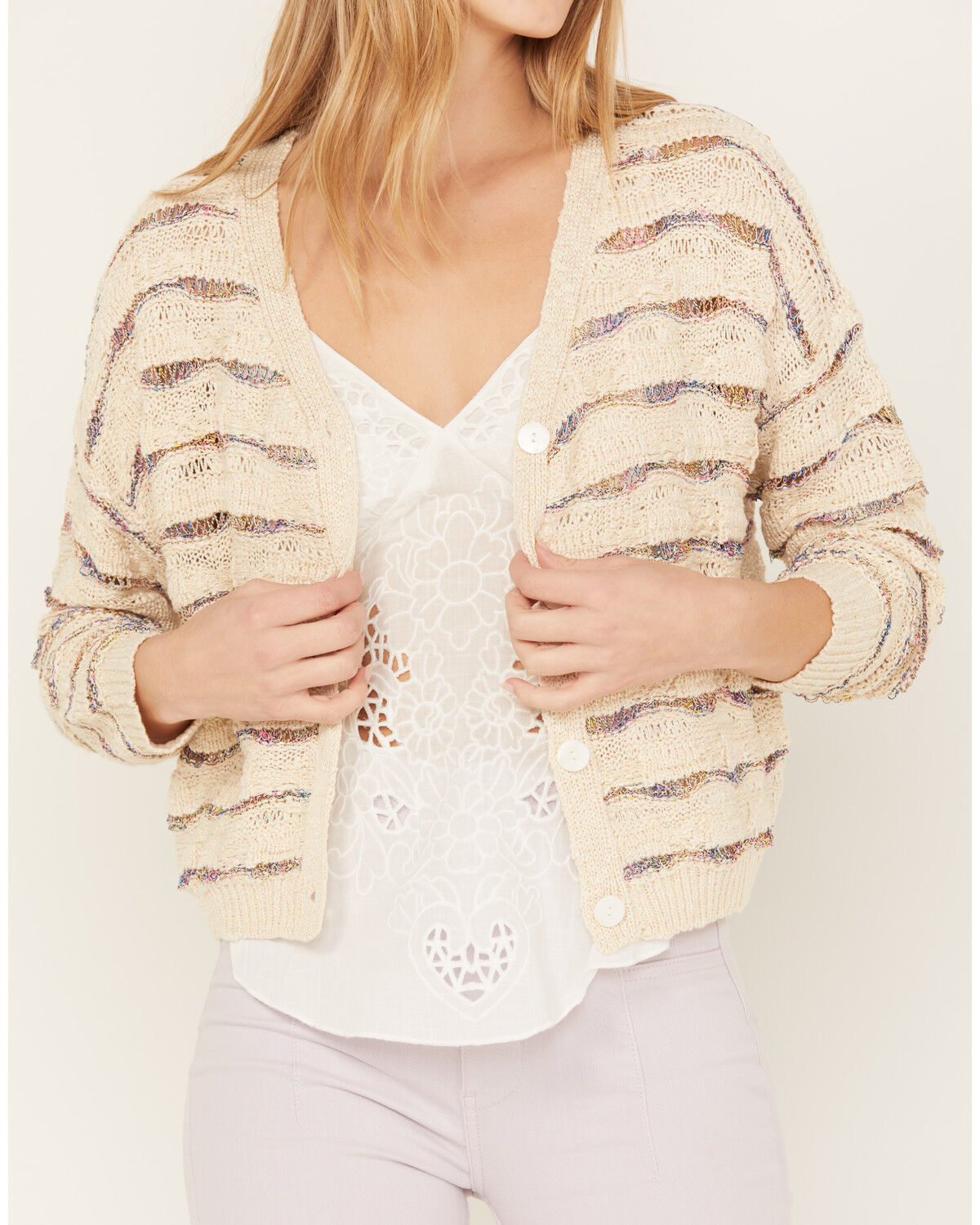Image #4 - Molly Bracken Women's Striped Button Down Cardigan, Cream, hi-res