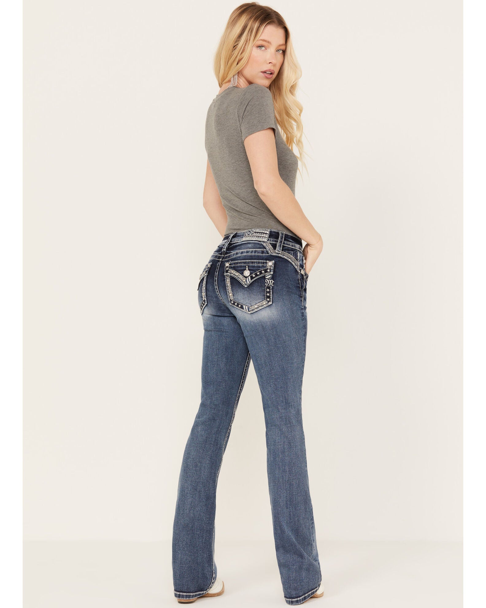 Product Name Miss Me Women's Low Rise Dark Wash Tonal Americana Border