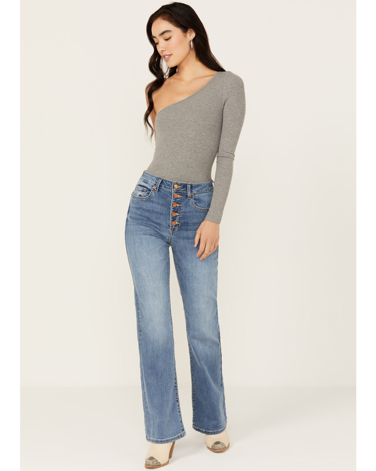 Image #1 - Sneak Peek Women's Medium Wash High Rise Exposed Button-Fly Stretch Bootcut Jeans, Medium Wash, hi-res