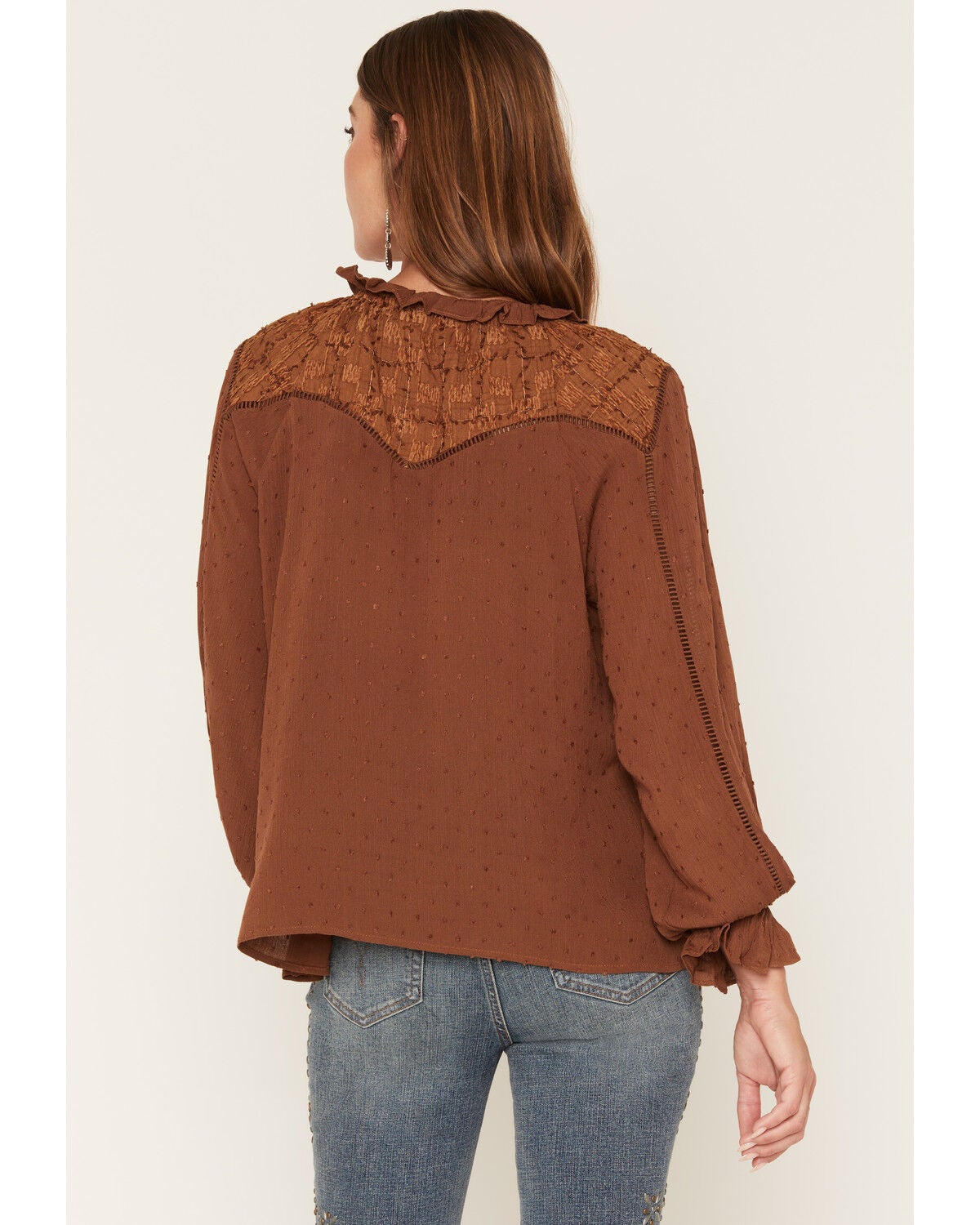 Image #4 - Miss Me Women's Lace Trim Long Sleeve Peasant Blouse, Camel, hi-res