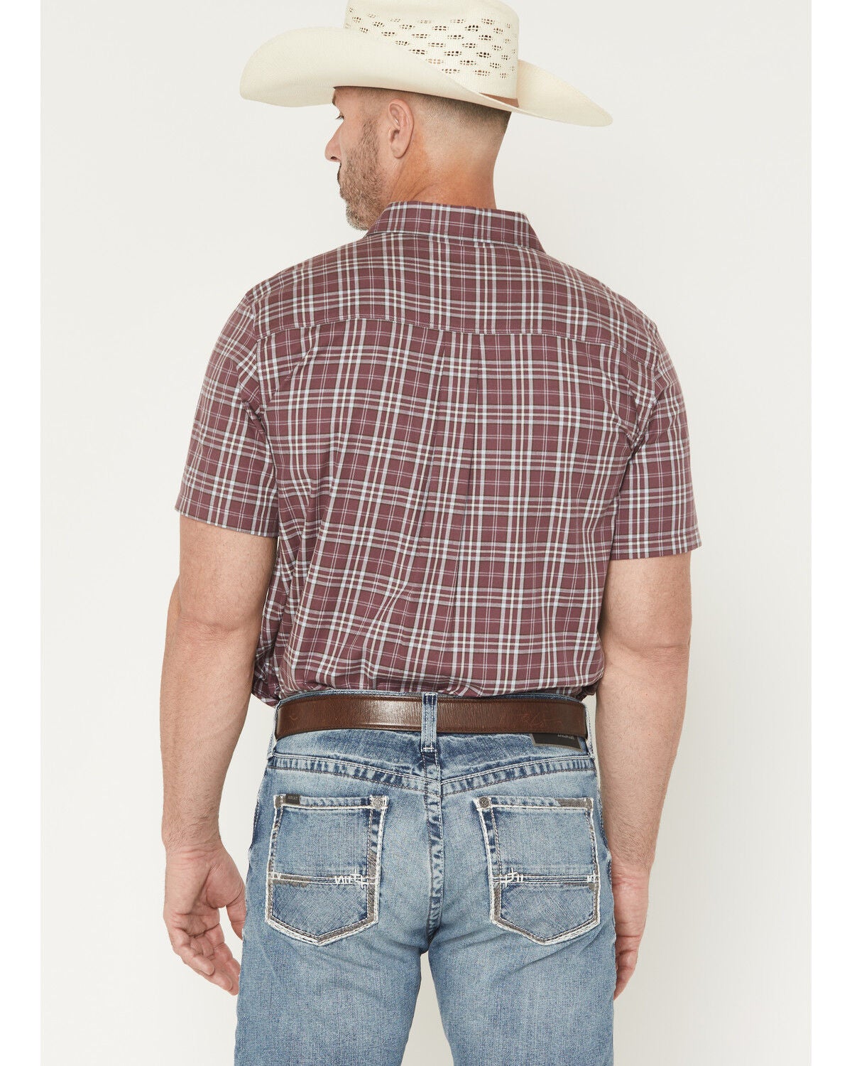 Image #4 - Cody James Men's Cowboy Brew Plaid Print Short Sleeve Button-Down Stretch Western Shirt, Burgundy, hi-res