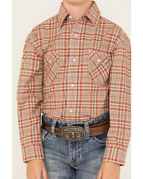 Image #3 - Rough Stock by Panhandle Boys' Plaid Print Long Sleeve Pearl Snap Stretch Western Shirt, Rust Copper, hi-res