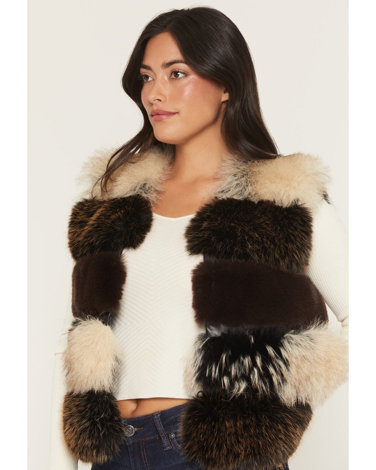 Image #2 - Azalea Wang Women's Faux Fur Striped Vest, Brown, hi-res