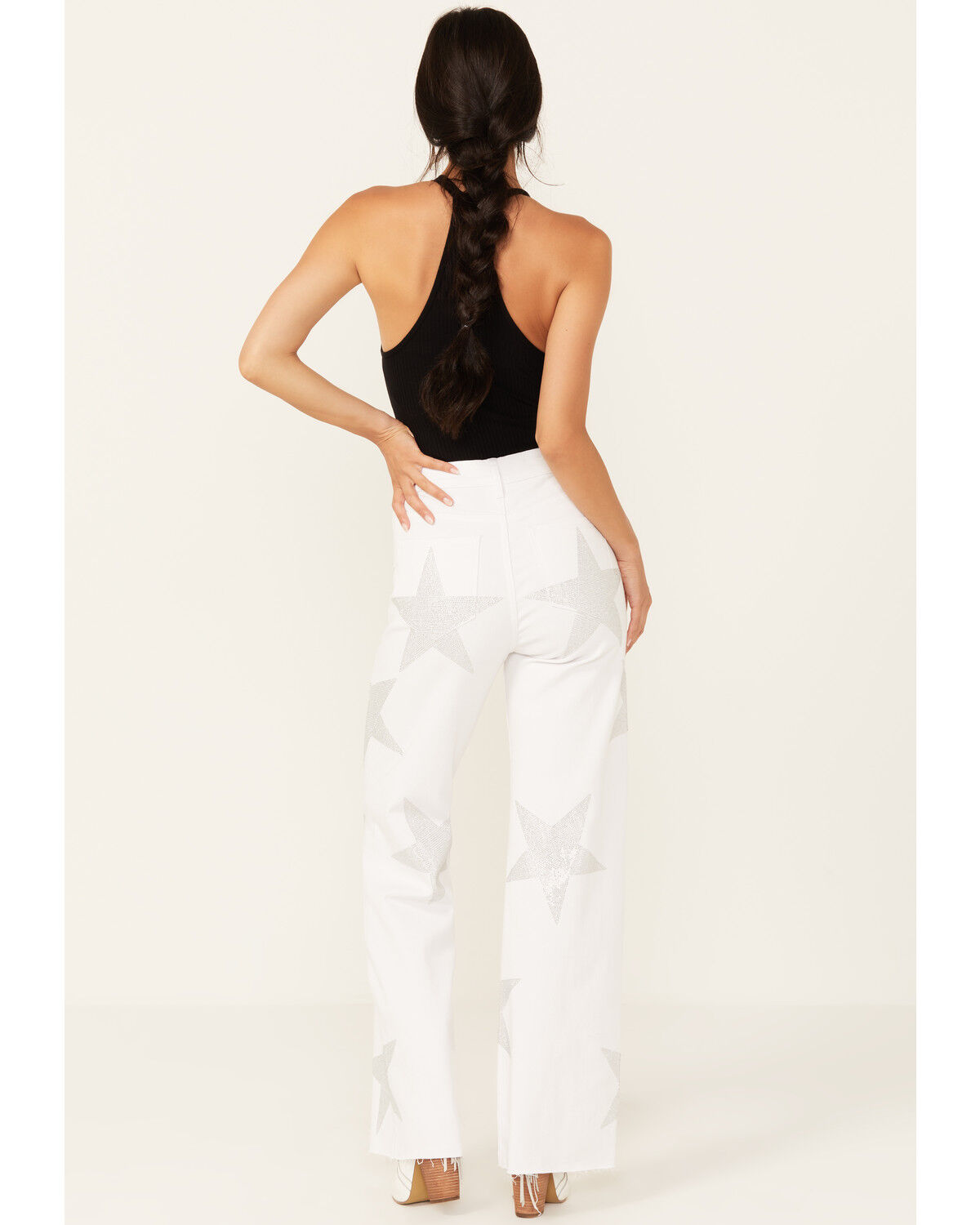 Image #3 - Vibrant Denim Women's Rhinestone Star High Rise Wide Leg Jeans, White, hi-res
